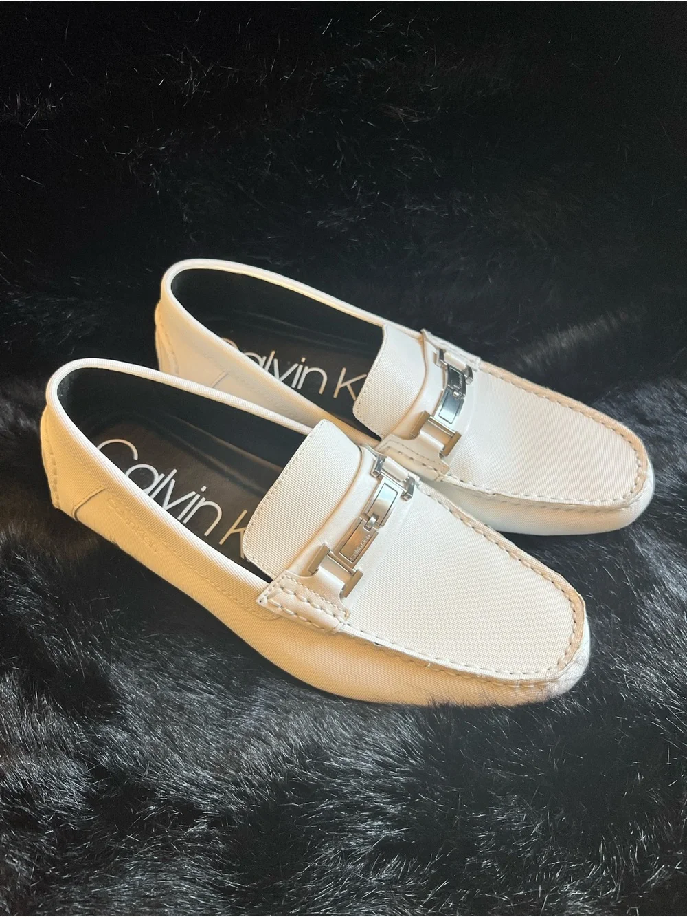 Calvin Klein Men’s White Loafers with Silver Buckle
